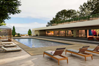renovate 3d mansion villa, outdoor space, cgi rendering, poolside, patio design