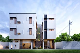 revit 3d terraced villa, pavement garden,duplex home cgi facede,render, interior