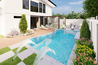 redesign cgi outdoor living space,backyard exterior, model landscape,pergola,skp