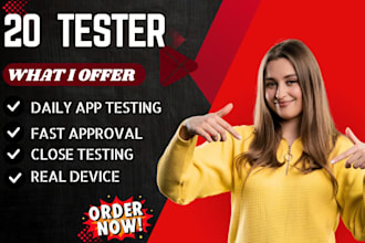 provide real  20 or 12 tester google play console testing for 14 days