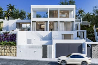 build luxury villa,glass panel exterior,render vacation home, cgi terrace,facade