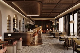 craft 3d social restaurant, hangou cafe,3d lounge rendering,interior liquor room