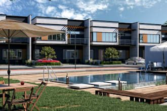 model terrace building,modern townhouse exterior,render driveway,interior layout