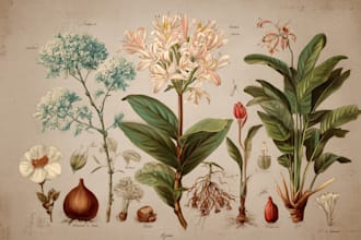 paint botanical illustration of plants, fruits, flowers, vegetables, herbs