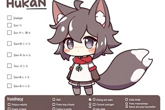 draw cute furry human character reference sheet with chibi