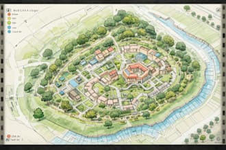 draw landscape sketch, colored site plan, map illustration