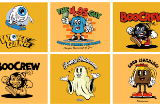 draw vintage retro logo, 80s 70s rubberhose cartoon style for band tshirt