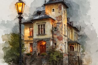 create house and building photo into watercolor art
