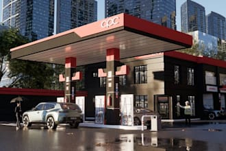 remodel 3d rendering filling station,strip malls, existing commercial design,cgi
