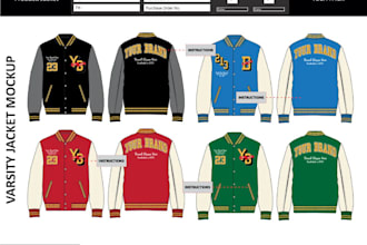 create varsity tech pack, flat sketch, and fashion design mockup for jackets