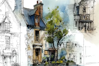 drawing line art sketch watercolor house, and other buildings