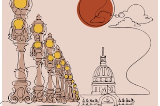 draw minimalist line art of buildings, cafes and landmarks
