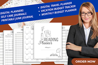 design etsy digital planners, printable junk journals, self care journals