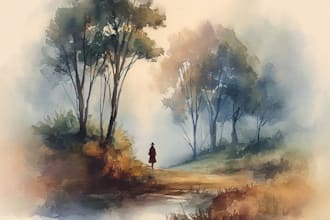 draw landscape illustration in colored