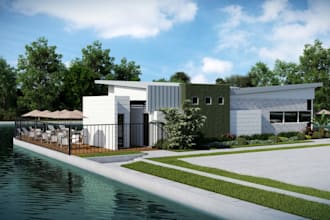 remodel modern waterside building,lake house render,pool patio, resort rendering