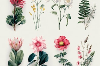 watercolor botanical illustrations of flowers and plants