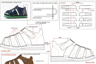 design footwear, sneaker,  with tech pack for manufacturing