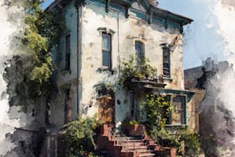 create house and building photo into watercolor art