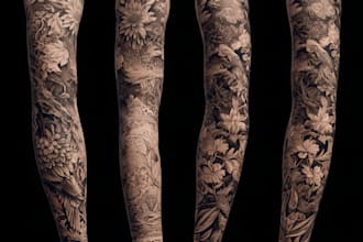 design custom tattoo sleeve, tribal, flowers, animals