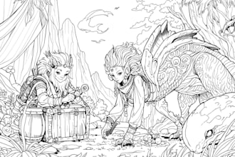 fantasy line art with creatures and vintage things
