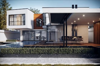 redesign 3d beachfront villa,exterior front garden, cgi poolside rendering v ray