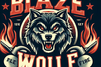 design high quality vintage blaze wolf mascot logo  with t shirt design