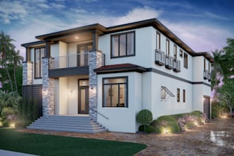remodel villa house exterior,garden landscape render,pool deck,8k villa interior