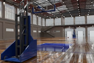 construct school basketball court, turn 2d plan to rendering, indoor sport field