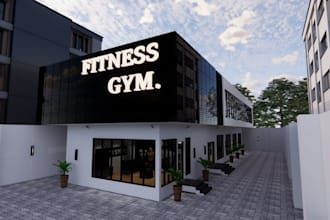 retouch 3d modern gym interior and exterior, equipment layout, yoga studio, cgi