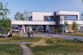 rebuild 3d forest villa,render rooftop balcony, garden landscape, patio,driveway