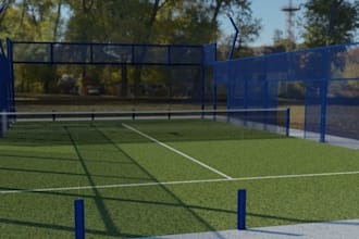 generate 8k rendering for your exist complex, forest tennis court, seating area