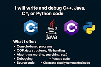 write or debug c plus plus, java, python or c sharp code