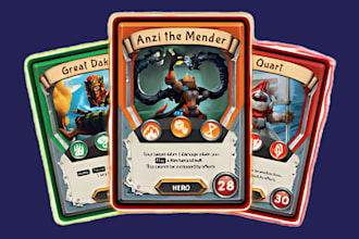 design trading card game, rule book, card template and card box mockup, 52 deck