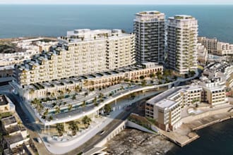 render 3d waterfront condo apartment,cityscape, urban skyline,high rise building