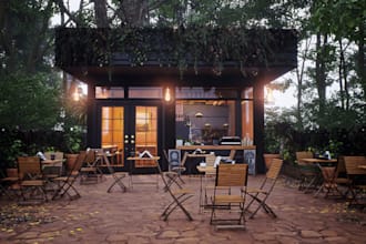 visualize forest cafe,cgi outdoor seat, restaurant layout,terrace,d5 light plan