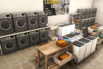 revamp 3d laundry shop,laundry facility, layout rendering, furniture setting,cgi