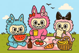 design cute labubu character illustration in any style theme for tshirt or logo
