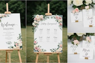 design personalized wedding event welcome, seating, table cards