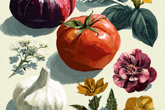 paint vegetables, fruits, flowers and plants illustrations