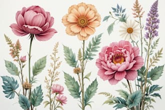watercolor botanical illustrations of flowers and plants
