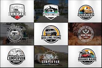design outdoor, mountains, camper trailer, hunting, and rv logo