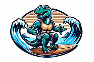 make unique dinosaur surfing logo with t  shirt concept