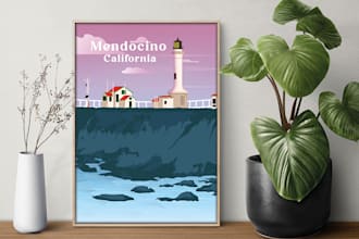 create vintage, retro, or art deco travel poster, landscape illustrations