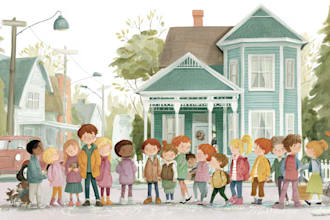 illustrate colourful children book illustration with character rich scenes