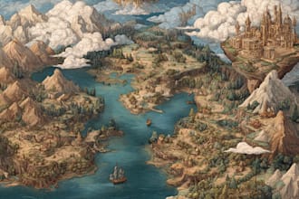 do line art fantasy map illustration