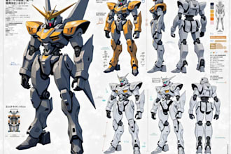 draw mecha and robot reference sheet in anime style