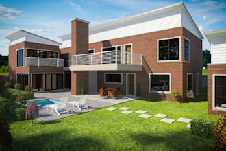 update modern building,brick house,render garden exterior,balcony,outdoor living