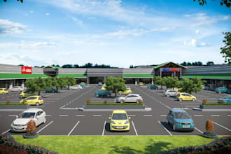 design 3d commercial building,cgi retail park,shopping mall exterior,parking lot