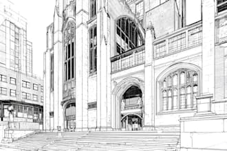 draw detailed line art or sketch illustration for building