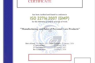 give iso 22716 gmp documentation with a verified certificate